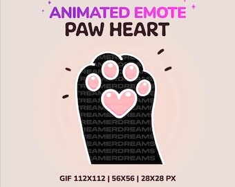Animated Emotes, Twitch cat emotes, Cute Black cat paw heart emote. Discord, YouTube, kick stream chat emotes. Kawaii heart paw cat emoji