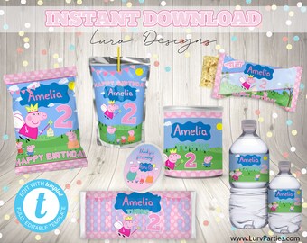 INSTANT DOWNLOAD Feestpakket|Elke leeftijd|Blauw & Roze Peppa Baby Verjaardag Filter Chip Bag, KidsParty Treat, Crisp Favor George dinosaurus