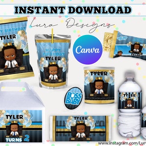 May include: Printable party favor labels featuring a cartoon black baby boy wearing a crown and a suit. The labels are decorated with blue, gold, and white colors and include the text "Happy Birthday Tyler" and "Tyler Turns 2".