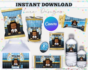 INSTANT DOWNLOAD Blue & Black Brown Bossy Boy Birthday Gable Box Label, Kids 1st 5th 10th Party Treat, Party Favour