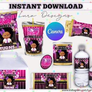 EDITABLE|INSTANT DOWNLOAD| Purple, Pink & Black Brown Bossy Girl Birthday|Kids 1st 5th 10th Party Treat|Party Favor