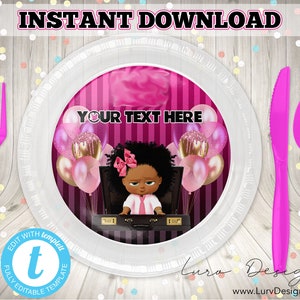 May include: A pink and white paper plate with a pink and gold design featuring a cartoon girl holding a briefcase. The plate has the text "YOUR TEXT HERE" on it. The plate is surrounded by pink and gold confetti.