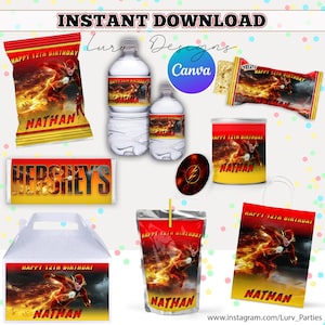 May include: A collection of party supplies featuring a superhero theme. Includes water bottle labels, candy bar wrappers, juice pouches, treat bags, and a Hershey's bar wrapper. The design features a superhero in motion with the name "Nathan" and "Happy 12th Birthday".