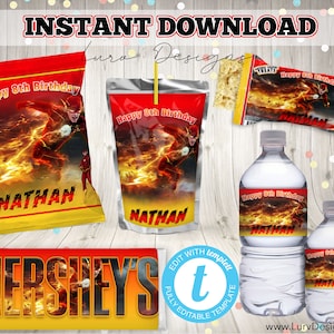 INSTANT DOWNLOAD Party Package|Any Age|Red & Yellow|Flash Superheroes Birthday|Filter Chip Bag|Kids Party Treat|Crisp|Favour