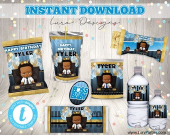 INSTANT DOWNLOAD Blauw & Zwart Bruin Bossy Boy Verjaardag Gable Box Label, Kids 1e 5e 10e Party Treat, Party Favor