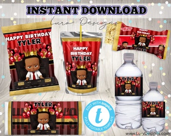 INSTANT DOWNLOAD Red & Black Brown Bossy Boy Birthday Gable Box Label, Kids 1st 5th 10th Party Treat, Party Favour
