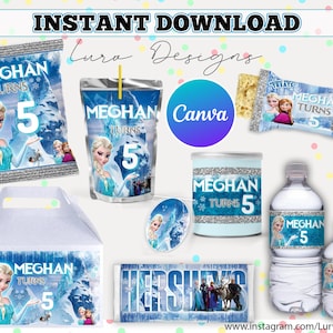 INSTANT DOWNLOAD Party Package|Any Age|Anna, Frozen|  Birthday Invite, Chip Bag, KidsParty Treat, Crisp Favour, Elsa