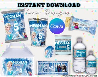 INSTANT DOWNLOAD Party Package|Any Age|Anna, Frozen|  Birthday Invite, Chip Bag, KidsParty Treat, Crisp Favour, Elsa