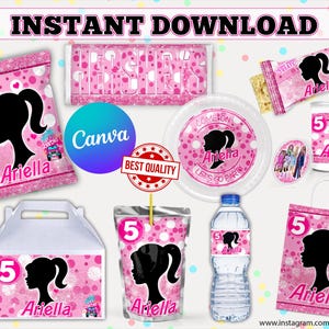 Pink Fashion Doll Inspired | Birthday Party Bundle | Editable Canva Templates | Chip Bags, Labels & Treat Wrappers