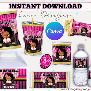 BEWERKBAAR|INSTANT DOWNLOAD|Roze en zwartbruine bazige meisjeverjaardag|Kinderen 1e 5e 10e feesttraktatie|Feestgunst