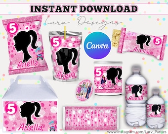 INSTANT DOWNLOAD|Pink & white|doll inspired|Birthday|Gable Box Label|Kids 1st 5th 10th Party Treat|Favor