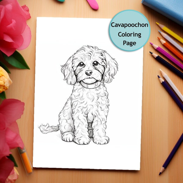 Cavapoochon, Dog, Coloring Page, Dog Portrait, Printable Coloring Page, Coloring for Adults and Kids, PNG, Instant Download, Commercial Use