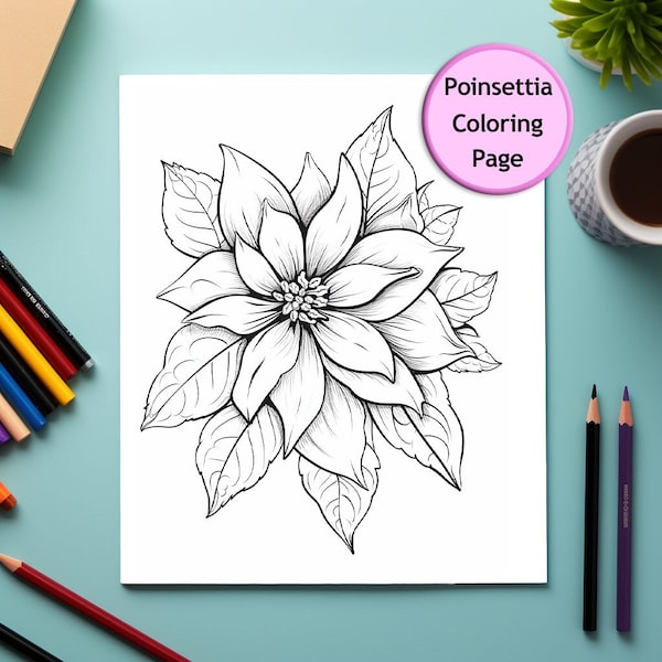 Poinsettia, Flower, Coloring Page, Flower Portrait, Printable Coloring Page, Journal, Coloring for Adults, Instant Download, Commercial Use