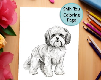 Może przedstawiać: Czarno-biały rysunek Shih Tzu na białym tle. Pies stoi z lekko przechyloną głową. Tytuł "Shih Tzu Coloring Page" jest napisany w kółku u góry strony.