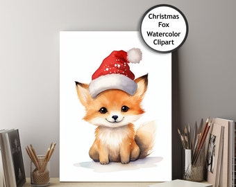 Fox Christmas Clipart, Transparent Background, Watercolor Clipart, Crafting, PNG, Digital Download, Commercial Use