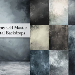 Op de afbeelding: 20 Grijze Oude Meester Digitale Achtergronden. Een verzameling van 20 digitale achtergronden met verschillende grijstinten en textuur. De achtergronden zijn perfect voor fotografen en grafisch ontwerpers die een vintage of klassieke look willen creëren.