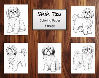 Może przedstawiać: Pięć czarno-białych rysunków Shih Tzu w różnych pozach. Tytuł "Shih Tzu Coloring Pages" i "5 Images" są wydrukowane na górze strony.