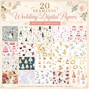 Wedding Seamless Pattern Set, 20 PNG Digital Papers (Digital Download)
