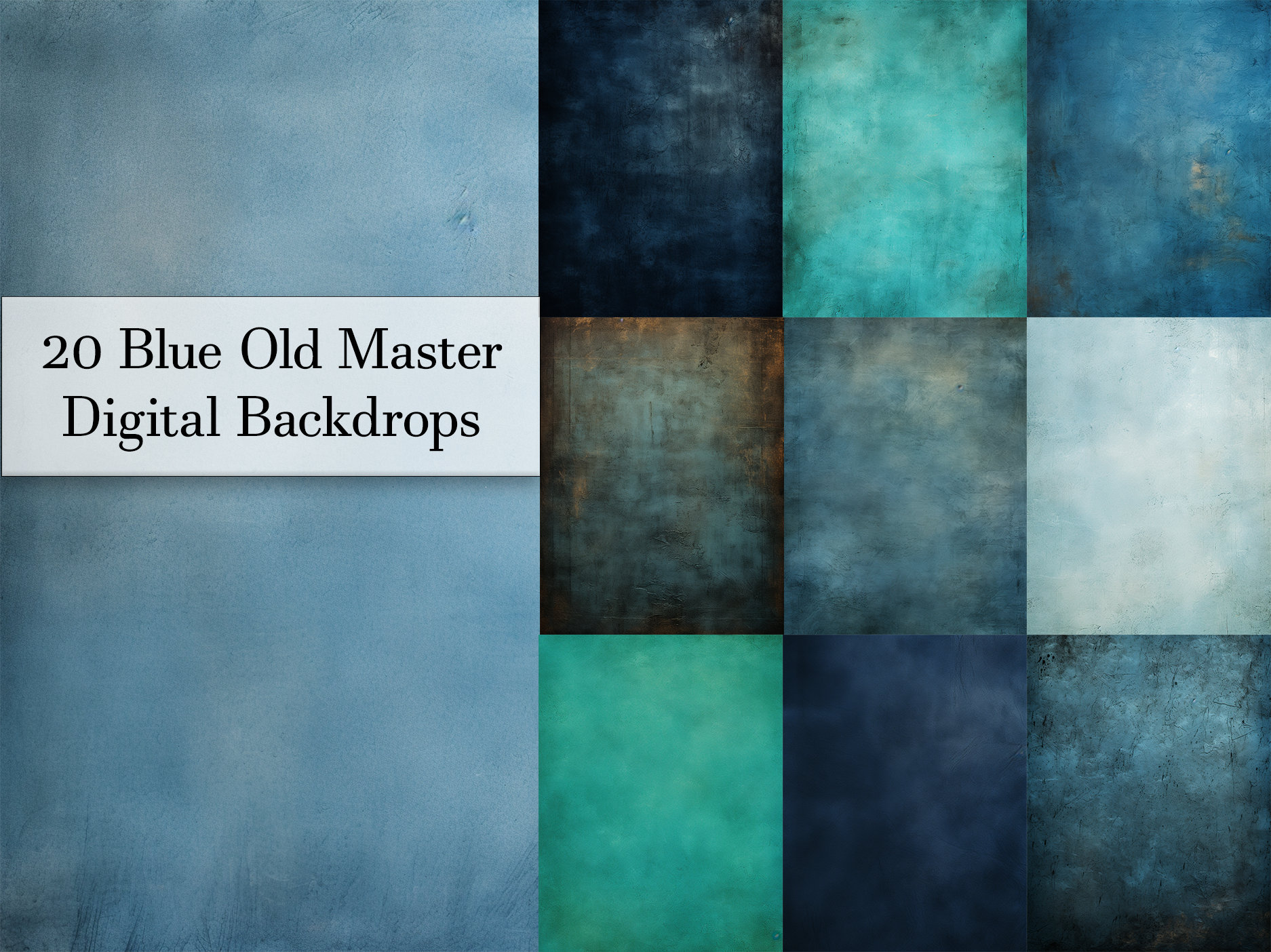 20 Blue Old Master Backgrounds, Vintage, Photography Digital Backdrop, Digital Background, Studio Portrait, PNG, Commercial Use