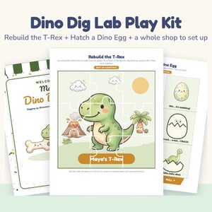 Könnte beinhalten: Dino Dig Lab Spielset mit druckbaren Aktivitätsblättern. Die mittlere Seite zeigt ein T-Rex-Puzzle mit dem Text Maya's T-Rex, einem Vulkan und Wolken. Die Seitenblätter enthalten ein Willkommensschild und eine Anleitung zum Ausbrüten eines Dino-Eis.