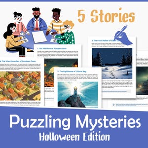 Puede incluir: Ilustración para una colección de historias con temática de Halloween titulada "Puzzling Mysteries". La imagen presenta cinco extractos de historias, ilustraciones y un grupo de personas alrededor de una mesa. El texto incluye "5 Stories" y "Halloween Edition".