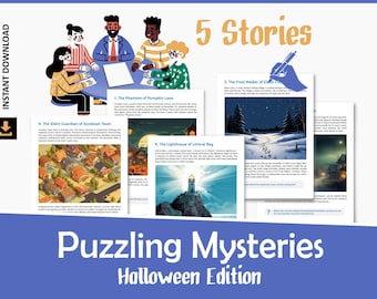 May include: An illustration for a Halloween-themed collection of stories titled "Puzzling Mysteries." The image features five story excerpts, illustrations, and a group of people gathered around a table. The text includes "5 Stories" and "Halloween Edition."