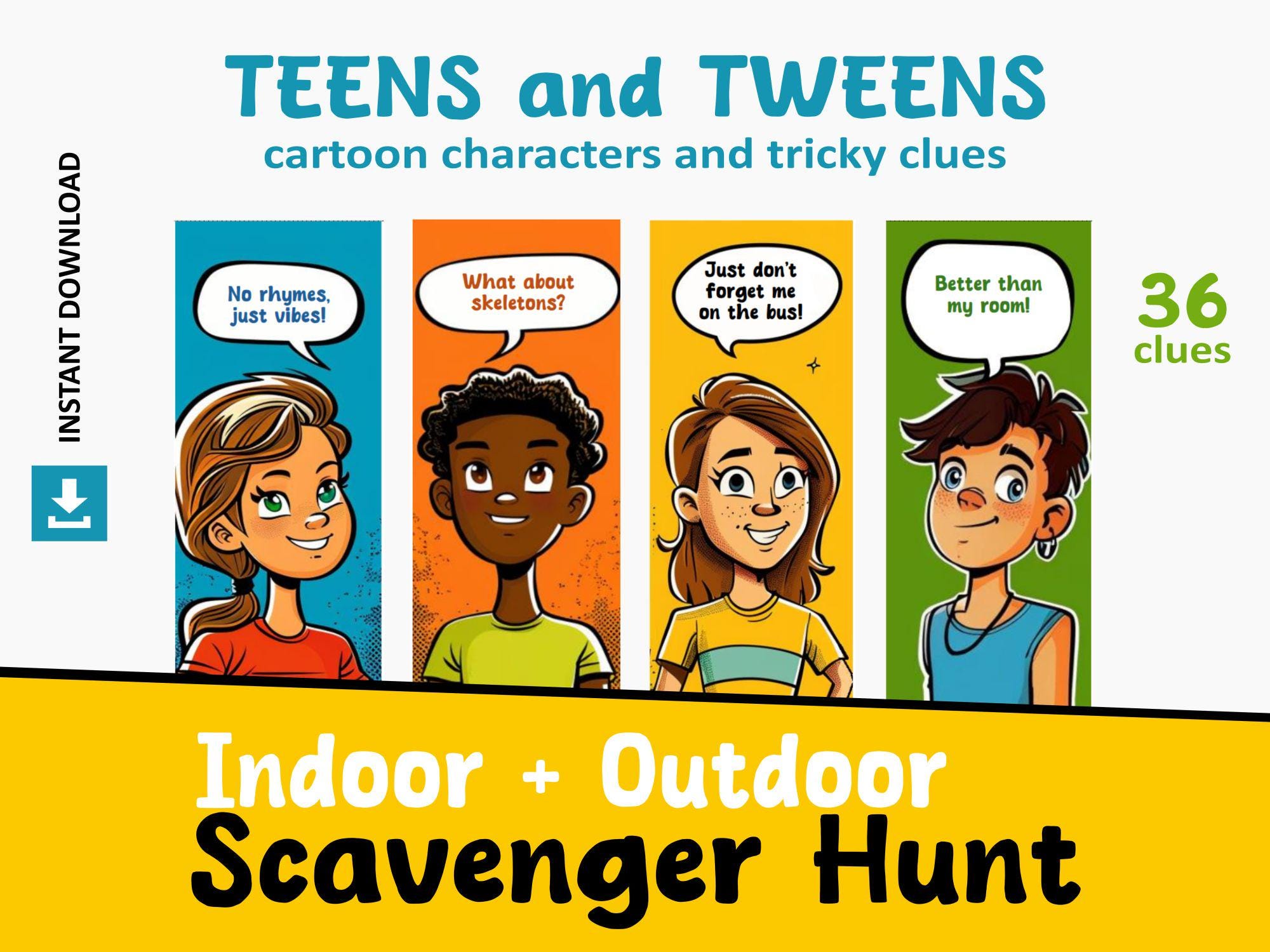 Teen Scavenger Hunt: Indoor Outdoor Game, Challenging Clues (Printable, Instant Download)