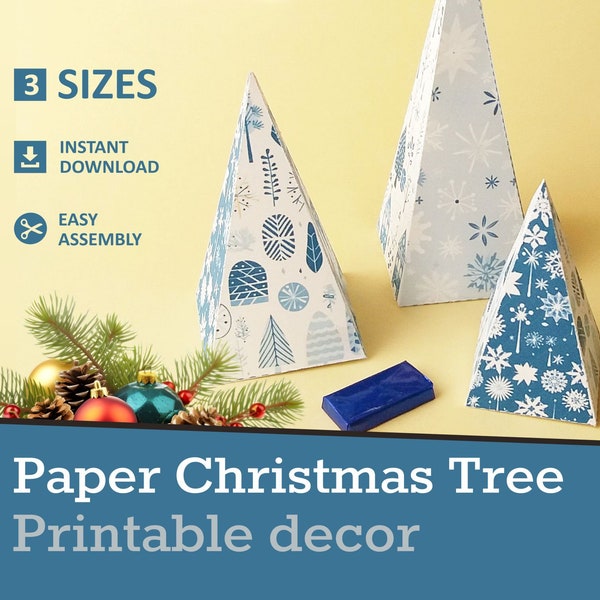 3D Paper Christmas Tree, Table Centerpiece, Holiday Decor Printable Template, Nordic Christmas Blue White Silver Decoration