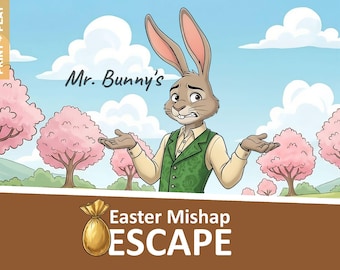 Könnte beinhalten: Illustration von Mr. Bunny mit besorgtem Gesichtsausdruck, vor dem Hintergrund rosa blühender Bäume und eines blauen Himmels mit Wolken. Der Text "Mr. Bunny's" steht über dem Hasen. Darunter steht "Easter Mishap ESCAPE" mit einem goldenen Ei.