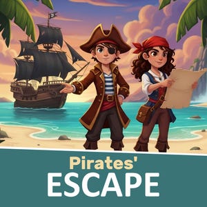 May include: An illustrated scene with two cartoon pirates on a beach, a ship, and the text "Pirates' ESCAPE". The pirates are wearing pirate attire and holding a map. A waterfall and palm trees are in the background.