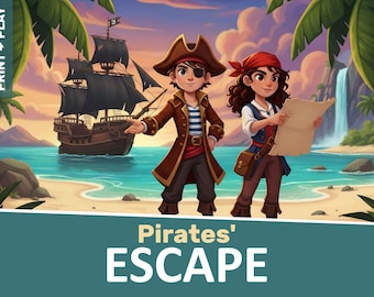 May include: An illustrated scene with two cartoon pirates on a beach, a ship, and the text "Pirates' ESCAPE". The pirates are wearing pirate attire and holding a map. A waterfall and palm trees are in the background.