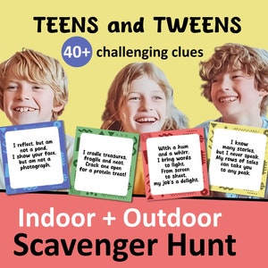 Printable Scavenger Hunt, Teens and Tweens, Challenging Clues, Birthday Game, Treasure Hunt, Instant download