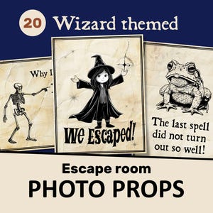 Pode incluir: Um conjunto de três adereços fotográficos com tema de mago para uma sala de fuga. Os adereços apresentam ilustrações de um esqueleto, um mago e um sapo, com os textos "Why I", "We Escaped!" e "The last spell did not turn out so well!"