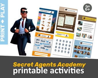 May include: Secret Agents Academy printable activities for kids ages 6 and up. The activities include a word search, a fingerprint matching game, a secret code puzzle, and a find the differences game.