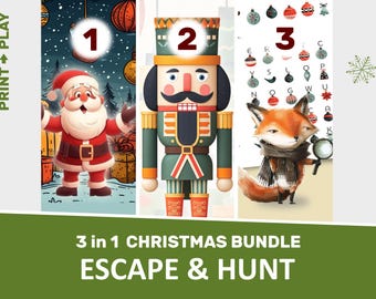 May include: A Christmas-themed bundle with three illustrations. Santa Claus, a nutcracker, and a fox holding a magnifying glass are featured. The text "3 in 1 CHRISTMAS BUNDLE ESCAPE & HUNT" is displayed below the illustrations. The words "PRINT PLAY" are on the left.