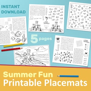 Summer placemats for kids, Printable activities, Party game sheets, Birthday games, Meal entertainment, Party favors, Table mat, Quite time