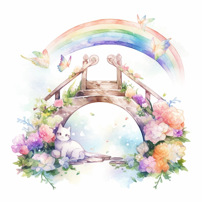 May include: A watercolor painting of a white cat sitting on a wooden bridge covered in flowers. A rainbow arches over the bridge, and butterflies fly around it.