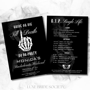 Braut oder Die Junggesellinnenabschied Einladung RIP to Her Single Jahre Reiseplan Till Death Do Us Party Canva Vorlage