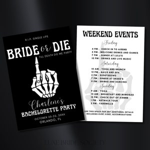 Braut oder Die Bachelorette Reiseplan Vorlage, Halloween Bachelorette Einladung, Till Death We Do Party, RIP Single Life, Canva Vorlage