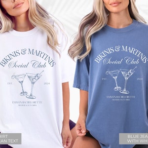 Camisas de despedida de soltera de playa personalizadas, bikinis y camisa de despedida de soltera de martinis, camisa de club social, favores de despedida de soltera de lujo personalizados