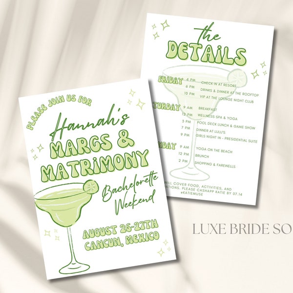 Margs and Matrimony Bachelorette Invitation and Itinerary Template, Mexico Bachelorette, Beach Bachelorette Weekend Itinerary Canva Template