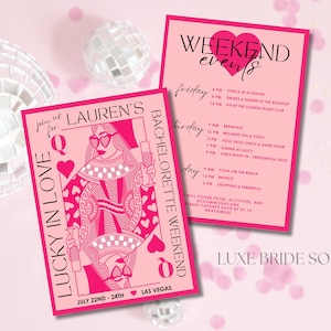 Plantilla de itinerario e invitación de despedida de soltera de Lucky In Love, despedida de soltera de Las Vegas, itinerario de fin de semana de Bach de Reina de Corazones, plantilla de Canva