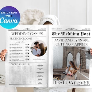 May include: A printable wedding announcement designed to look like a vintage newspaper. The headline reads "The Wedding Post" with the couple's names and the text "David and Lynn are getting married!" The announcement features a photo of the couple in front of a bridge. The bottom of the announcement reads "Best Day Ever".