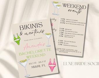 Bikinis and Martinis Bachelorette Invitation and Itinerary Template, Dirty Martini Invitation, Beach Bachelorette, Canva Template, Hen do