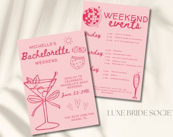 Beach Bachelorette Invitation and Itinerary Template, Trendy Coastal Bachelorette, Hand Drawn Tropical Bachelorette, Canva Template, Hen do