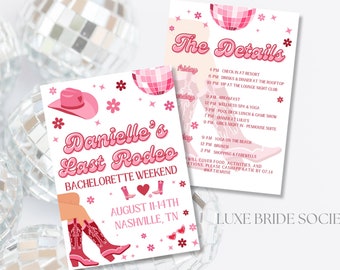 Modèle d'itinéraire pour le dernier rodéo EVJF, Invitation EVJF, cow-girl disco, EVJF à Nashville, Austin Bachelorette week-end Canva