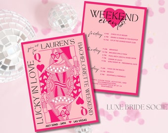 Lucky In Love Bachelorette Invitation and Itinerary Template, Las Vegas Bachelorette, Queen of Hearts Bach Weekend Itinerary, Canva Template