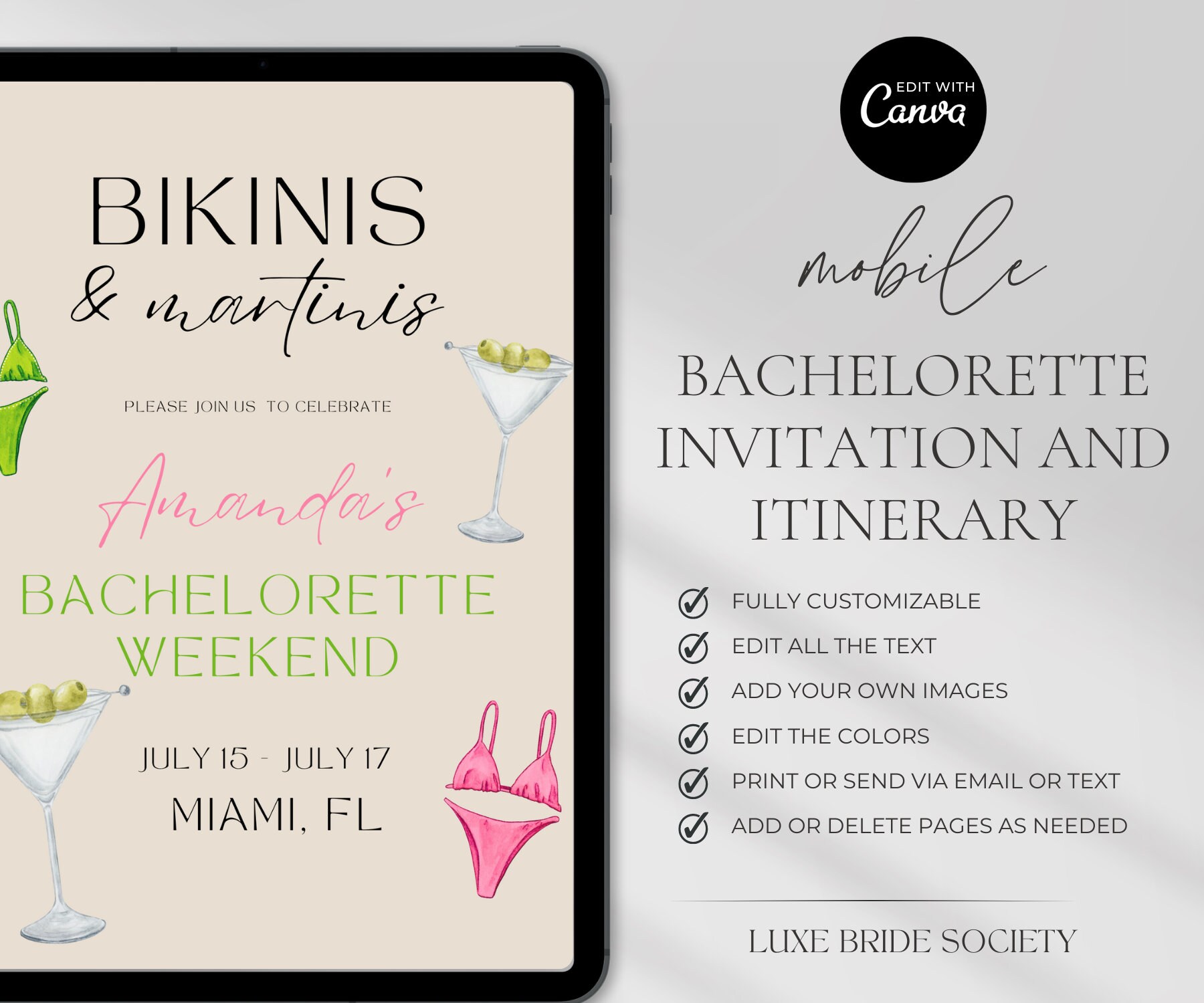 Bikini and Martinis Bachelorette Weekend Planner, Summer Bachelorette Itinerary Template