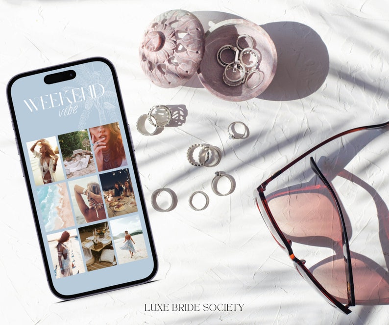 May include: A smartphone displaying a collage of photos with the text "Weekend vibe" on a white surface with sunglasses, jewelry, and a small decorative box.