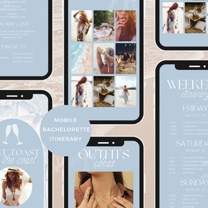 May include: A mobile phone screen displaying a bachelorette party itinerary with a blue and white floral design. The itinerary includes a list of activities for a weekend trip, including a pool party, drinks at a rooftop bar, and a wine tasting. The text on the screen reads "Weekend Itinerary" and "Last Toast on the Coast".